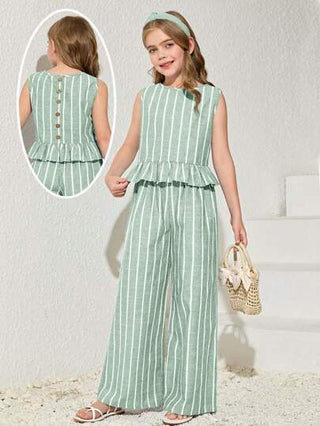 تيشيرتات بناتي طقم ملابس علوية أكمام بلا وبنطال مستقيم مخطط للبنات المراهقات، اطقم كاجوال للإجازات، قطعتان