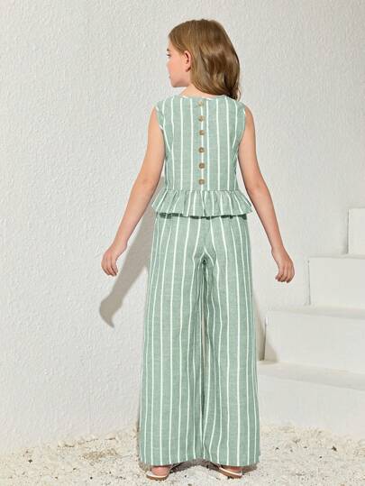 تيشيرتات بناتي طقم ملابس علوية أكمام بلا وبنطال مستقيم مخطط للبنات المراهقات، اطقم كاجوال للإجازات، قطعتان