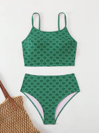 طقم تانكيني حريمي Swim Mod طقم سباحة للنساء في الصيف بطبعة عشوائية لنباتات ذات خصر عالٍ، ملابس علوية بدون حمالات ربطة البطن واللباس الكامل، مناسبة للعطلات على الشاطئ