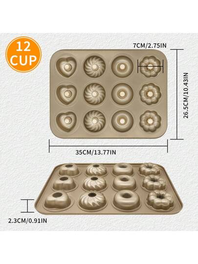 قوالب الحلقات للخبز المقاومة للالتصاق من الصلب الكربوني 12 حيز لقوالب الدونات ب- 4 أشكال تصميم صينية الخبز للكيك والبسكويت والبجلة والمافن