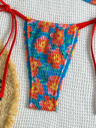 Swim Mod مجموعة بكيني نسائية 2 قطعة/طقم، طباعة عشوائية على نسيج بملمس، ه-التر وفيشار ذهبي وجميل، إطلالة جذابة لفصل الصيف