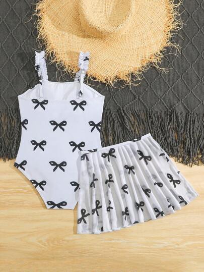 SHEIN بذلة سباحة قطعة واحدة للفتيات مع تنورة شبكية ومطبوعة بأربطة