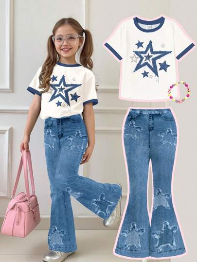 مجموعة بيجامة قطعتين مكونة من ملابس علوية كاجوال بأكمام قصيرة وطبعات نجوم والرداء ذو قصة واسعة، مناسب للصيف