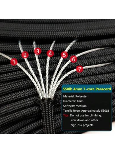 حبل باراكورد 550 لب من 7 ألوان، قطر 4 مم، طول 5 - 15 - 31 متر، لاستخدامات التخييم والسلامة والمغامرة والخيام والمظلات