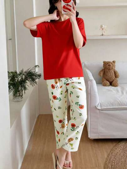 بيجاما حللة برمودا صلبة وبلوزة طويلة الأكمام مطبوعة بزهور الورد، مجموعة مريحة مكونة من قطعتين للفتيات المراهقات