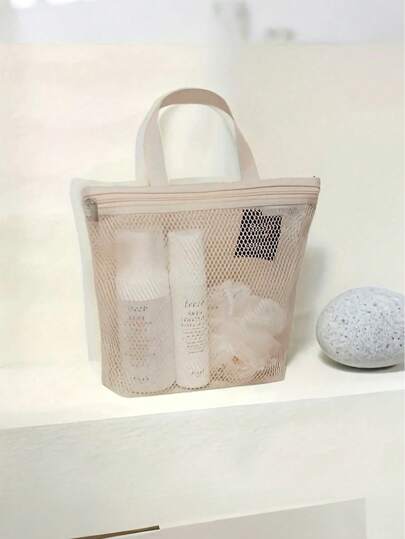 حقيبة معلقة محمولة من الشبك مزودة بسحاب ومقبض - منظم دش سريع التجفيف للسفر والجيم والرحلات البحرية والكلية | منظم مكياج مانع للتسرب، حقيبة مكياج، حقيبة مستحضرات تجميل صديقة للجهات الأمنية، منظم حمام مقاوم للماء للرجال والنساء