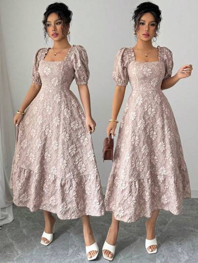 Elenzga فستان كاجوال/ للإجازة للنساء، قصير بلون أحادي، نمط الزهور الصغيرة المنسوجة، قصات متناسقة للخصر وأكمام منتفخة