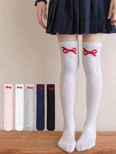 1/2/3 أزواج من الجوارب فوق الركبة المطرزة بأربطة الربيع/الصيف، جوارب طويلة مريحة وبسيطة ومتنفسة متعددة الاستخدامات، جوارب الطفل / الطالب