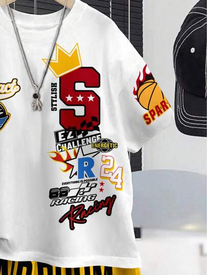 مجموعة من 2 قطعة قميص وشورت ماركة شيك كاجوال كلاسيكي للصبي بطبعة جرافيك على الياقة المستديرة وأكمام قصيرة، تصميم طباعة نصي رائع، مناسب للصيف