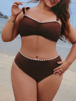 Elaquor مجموعة بيكيني بحجم كبير للصيف يتميز بتصميم منقوش على الصدر والحاشية المتباينة