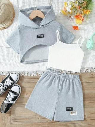 girls-sets مجموعة ملابس علوية وشورت كاجوال من الجيرسيه والوشاح للفتيات المراهقات، 3 قطع، بسترة داخلية، مناسبة للارتداء اليومي والأنشطة الخارجية في الربيع والصيف