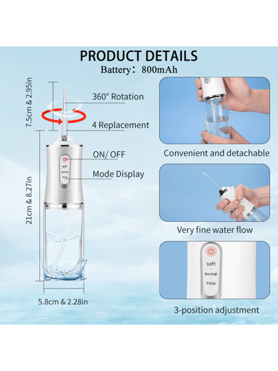 جهاز تنظيف الأسنان الكهربائي المحمول، منظف الأسنان اليدوي، جهاز العناية الشخصية بالفم الكهربائي (مناسب خاصة لمرتدي تقويم الأسنان)، مزود ب- 4 فوهات، قابل للشحن عبر USB، 3 أوضاع تنظيف، ضغط مياه قوي، خزان مياه كبير، تشغيل بلمسة واحدة، مقاوم للماء...