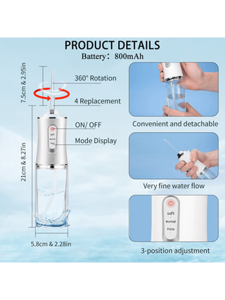 جهاز تنظيف الأسنان الكهربائي المحمول، منظف الأسنان اليدوي، جهاز العناية الشخصية بالفم الكهربائي (مناسب خاصة لمرتدي تقويم الأسنان)، مزود ب- 4 فوهات، قابل للشحن عبر USB، 3 أوضاع تنظيف، ضغط مياه قوي، خزان مياه كبير، تشغيل بلمسة واحدة، مقاوم للماء...