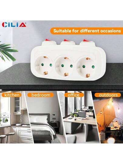 CILIA مقبس محول قابس أوروبي مع 3 مآخذ و 3 مفاتيح فردية - قطاع كهربائي أبيض 250 فولت/16 أمبير، قطعتان