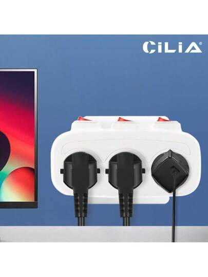 CILIA مقبس محول قابس أوروبي مع 3 مآخذ و 3 مفاتيح فردية - قطاع كهربائي أبيض 250 فولت/16 أمبير، قطعتان