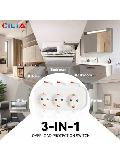 CILIA مقبس محول قابس أوروبي مع 3 مآخذ و 3 مفاتيح فردية - قطاع كهربائي أبيض 250 فولت/16 أمبير، قطعتان