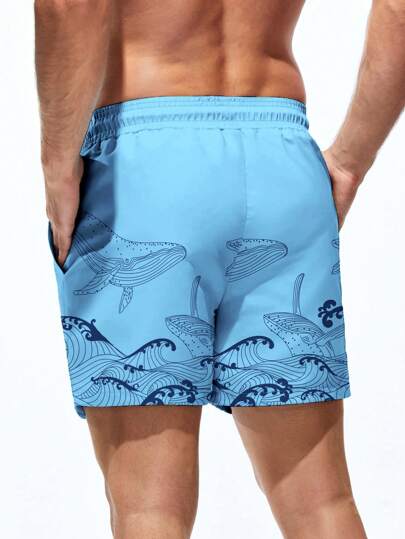 Manfinity Swimmode شورت شاطئ بخصر رباط مطبوع بموجات صيفي للرجال، هاواي