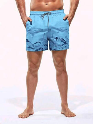 Manfinity Swimmode شورت شاطئ بخصر رباط مطبوع بموجات صيفي للرجال، هاواي