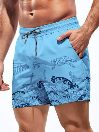 Manfinity Swimmode شورت شاطئ بخصر رباط مطبوع بموجات صيفي للرجال، هاواي