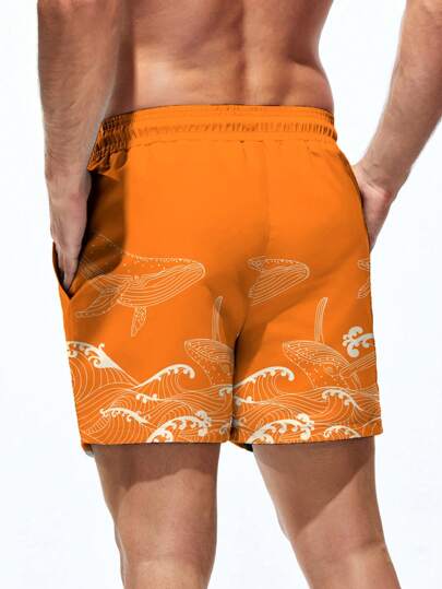 Manfinity Swimmode شورت رجالي قصير للشاطئ مطبوع عليه موجات، حبل شد, طراز هاواي, للاستخدام الصيفي