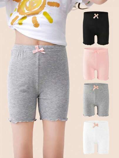 4 حبات/3 حبات سروال أمان للبنات، سراويل داخلية للصيف ، طول 3/4، مرن جدا، مزين بفيونكة، لون واحد، تصميم بحاشية مجعدة