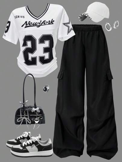 SHEIN بناطيل كاجوال مزينة برقم ولوحة مع قميص كتف منخفض وخطوط وياقة على شكل V فضفاض لفتيات المراهقات، مجموعة من 2 قطعة لإطلالة أنيقة للربيع والصيف والخريف