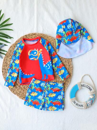 مايوه أولادي طقم ملابس سباحة للأطفال الصبية قطعتين، طبعات شمس بسيطة على الجزء العلوي وسروال سباحة، ملابس شاطئية