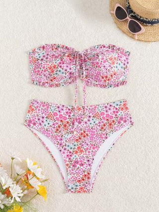 Swim بدلة شاطئية صيفية للنساء، ملابس علوية ناعم علوي مزهر مكشكش، أسفل مربوط بنظام ربط، طقم بكيني مع قلادة لؤلؤية رقيقة