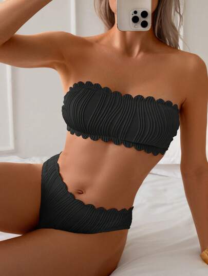 Swim Basics مجموعة ملابس شاطئية لفترة الربيع ذات لون سادة، بكيني نسائي بخطوط ظهر منسدل بتطريز صدفي، للموسم الصيفي، 2 حبات