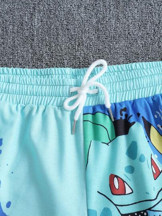 pokemon شورت صيفي عادي للرجال بخصر رباط مطبوع برسوم كرتونية