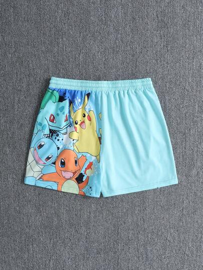 pokemon شورت صيفي عادي للرجال بخصر رباط مطبوع برسوم كرتونية