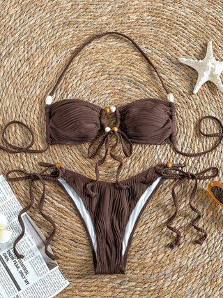 Bikinx طقم بكيني للنساء بلون عادي قطعتين هالتر صدرية والجزء السفلي للسباحة في البحر الصيف، بنطلون سباحة بني قطعتان