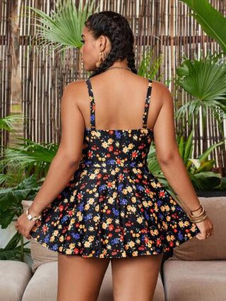 Slaydiva مجموعة بقطعتين للمرأة ذات الحجم الكبير ، أسود عشوائي وزهري صغير أنيق، طراز إجازة أناقة على طراز(INSPTYLE) يومي بسيط، بتنورة علوية عريضة ذات طيات خصر مرتفع، مجموعة بيكيني