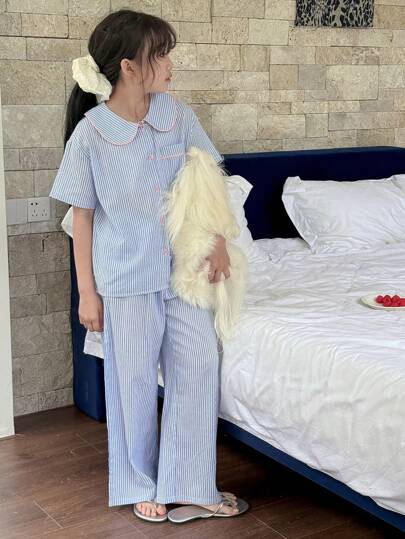 بيجاما DAZY بلوزة بياقة بيتر بان مخطط وبناطيل ملابس حريمى فرح للفتيات المراهقات