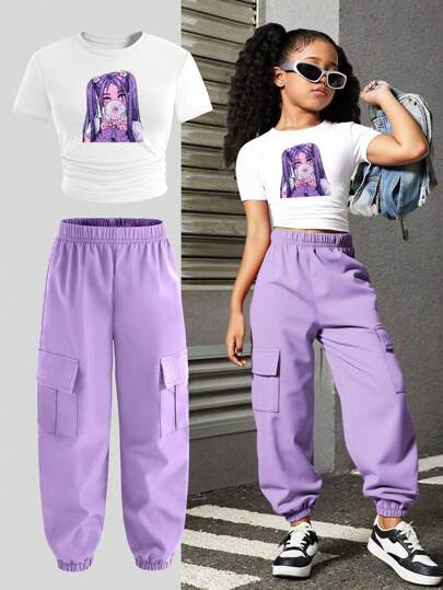 تيشيرتات بناتي بنطلون كارجو و تي شيرت بأكمام قصيرة وياقة دائرية مع طباعة شخصية كارتونية، مجموعة ملابس 2 قطعة كاجوال للفتيات المراهقات