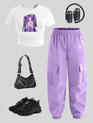 تيشيرتات بناتي بنطلون كارجو و تي شيرت بأكمام قصيرة وياقة دائرية مع طباعة شخصية كارتونية، مجموعة ملابس 2 قطعة كاجوال للفتيات المراهقات