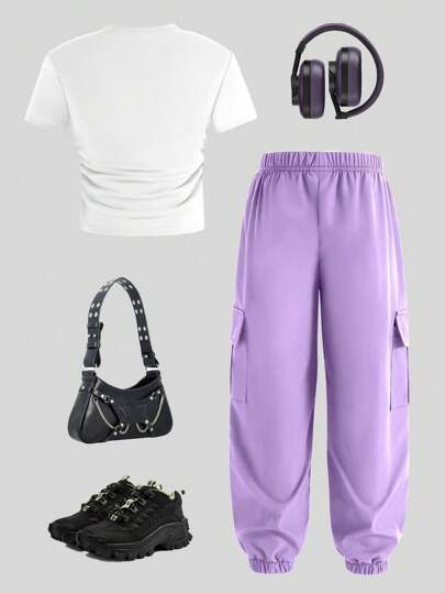 تيشيرتات بناتي بنطلون كارجو و تي شيرت بأكمام قصيرة وياقة دائرية مع طباعة شخصية كارتونية، مجموعة ملابس 2 قطعة كاجوال للفتيات المراهقات