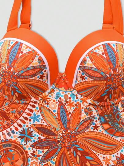 Swim Oasis فستان سباحة من قطعة واحدة بتصميم محدد بالطباعة ذات نغمة البرتقالي مع تنورة كبيرة الحجم وكأس رافع، تصميم أنيق وبسيط للنساء