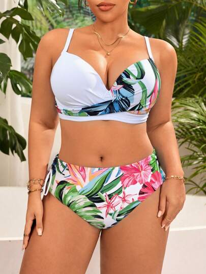 SHEIN Swim Curve مجموعة بكيني مرتفع الخصر مزخرف بالأزهار مقاسات كبيرة 2 قطعة مع سُندان قابل للإزالة حشو، ملابس سباحة صيفية
