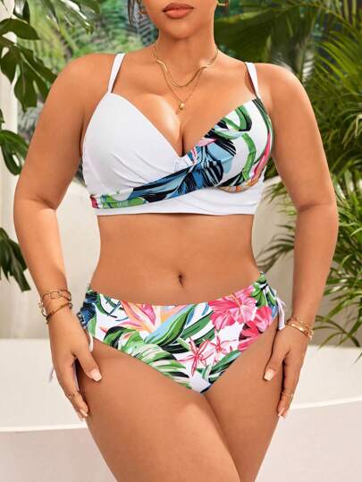 SHEIN Swim Curve مجموعة بكيني مرتفع الخصر مزخرف بالأزهار مقاسات كبيرة 2 قطعة مع سُندان قابل للإزالة حشو، ملابس سباحة صيفية