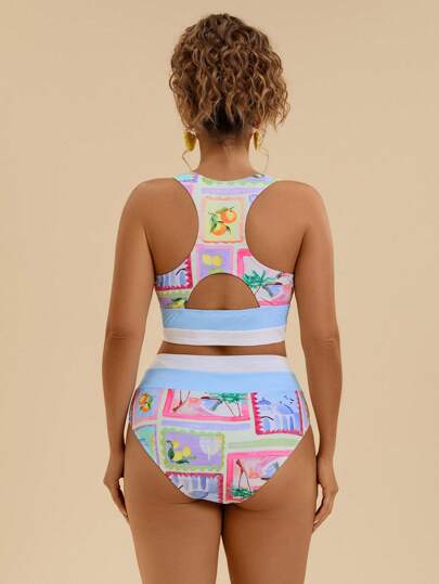 Travachic ملابس سباحة للمرأة البدينة مقاس كبير 2 قطعة، ملابس علوية بطبعات زهور ملونة استوائية + شورت سباحة قصير مرقع، ملابس شاطئ كاجوال للصيف المصيفي