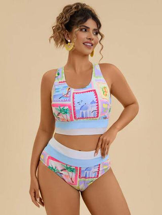 Travachic ملابس سباحة للمرأة البدينة مقاس كبير 2 قطعة، ملابس علوية بطبعات زهور ملونة استوائية + شورت سباحة قصير مرقع، ملابس شاطئ كاجوال للصيف المصيفي