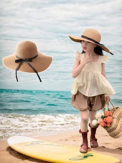 قبعة كبيرة الحافة من القش الورقي لحماية الأطفال من الشمس، قبعة شمس صيفية للأطفال مع شريط ربطة عنق سوداء، قبعة من القش الورقي بلون البن مجدولة، للأطفال الرضع/البنات الصغيرات، قبعة شاطئ فسيحة للعطلات