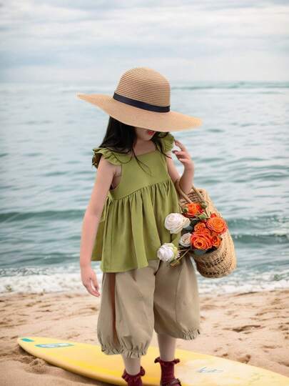 قبعة كبيرة الحافة من القش الورقي لحماية الأطفال من الشمس، قبعة شمس صيفية للأطفال مع شريط ربطة عنق سوداء، قبعة من القش الورقي بلون البن مجدولة، للأطفال الرضع/البنات الصغيرات، قبعة شاطئ فسيحة للعطلات