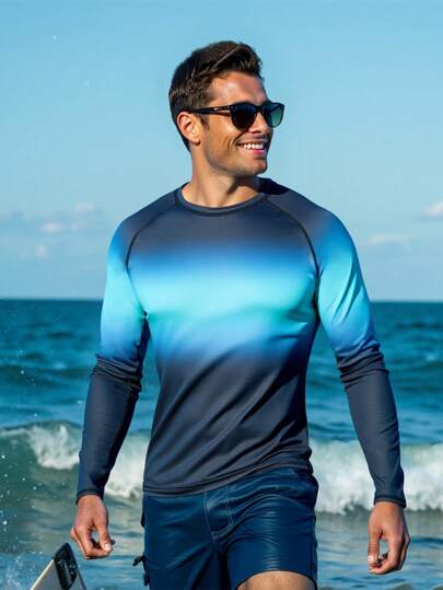 Manfinity Swimmode بذلة سباحة رجالية ذات أكمام راجلان بتدرج اللون، أسلوب هاواي