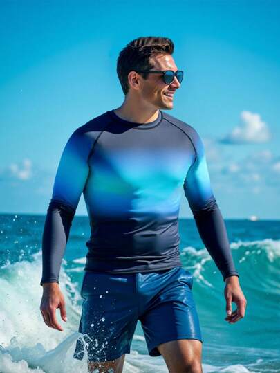 Manfinity Swimmode بذلة سباحة رجالية ذات أكمام راجلان بتدرج اللون، أسلوب هاواي