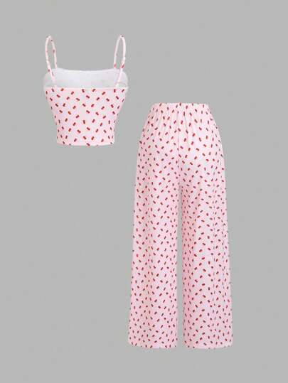 SHEIN PETITE طقم بيجامة للنساء مكون من 2 قطعة - صدرية كامي مطبوع بطبعة الكرز الأبيض مع فيونكة-وبنطلون رجل مستقيم، ملائم للربيع والصيف