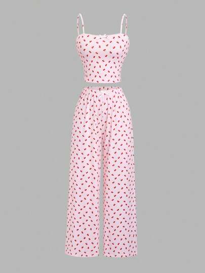 SHEIN PETITE طقم بيجامة للنساء مكون من 2 قطعة - صدرية كامي مطبوع بطبعة الكرز الأبيض مع فيونكة-وبنطلون رجل مستقيم، ملائم للربيع والصيف