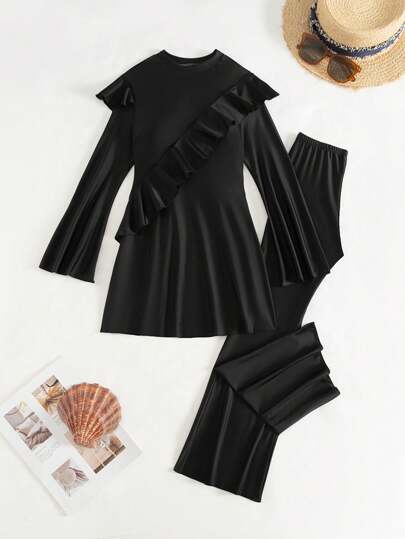 Swim Mulvari طقم عطلة صيفي مكون من 2 قطعة، بوركيني عباءة مع أكمام طويلة، بتصميم أنيق من السروال ذو أطراف متسعة والتنورة ذات الكشكشة على الصدر