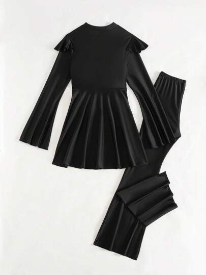 Swim Mulvari طقم عطلة صيفي مكون من 2 قطعة، بوركيني عباءة مع أكمام طويلة، بتصميم أنيق من السروال ذو أطراف متسعة والتنورة ذات الكشكشة على الصدر